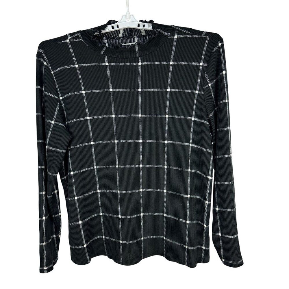 Maurices Womens Plus Size 2X Long Sleeve Black Ribbed Ruffle Neck Grid Print Top